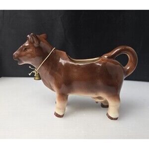 Brown Cow with Bell Creamer Ceramic Made in Japan 8" Vintage